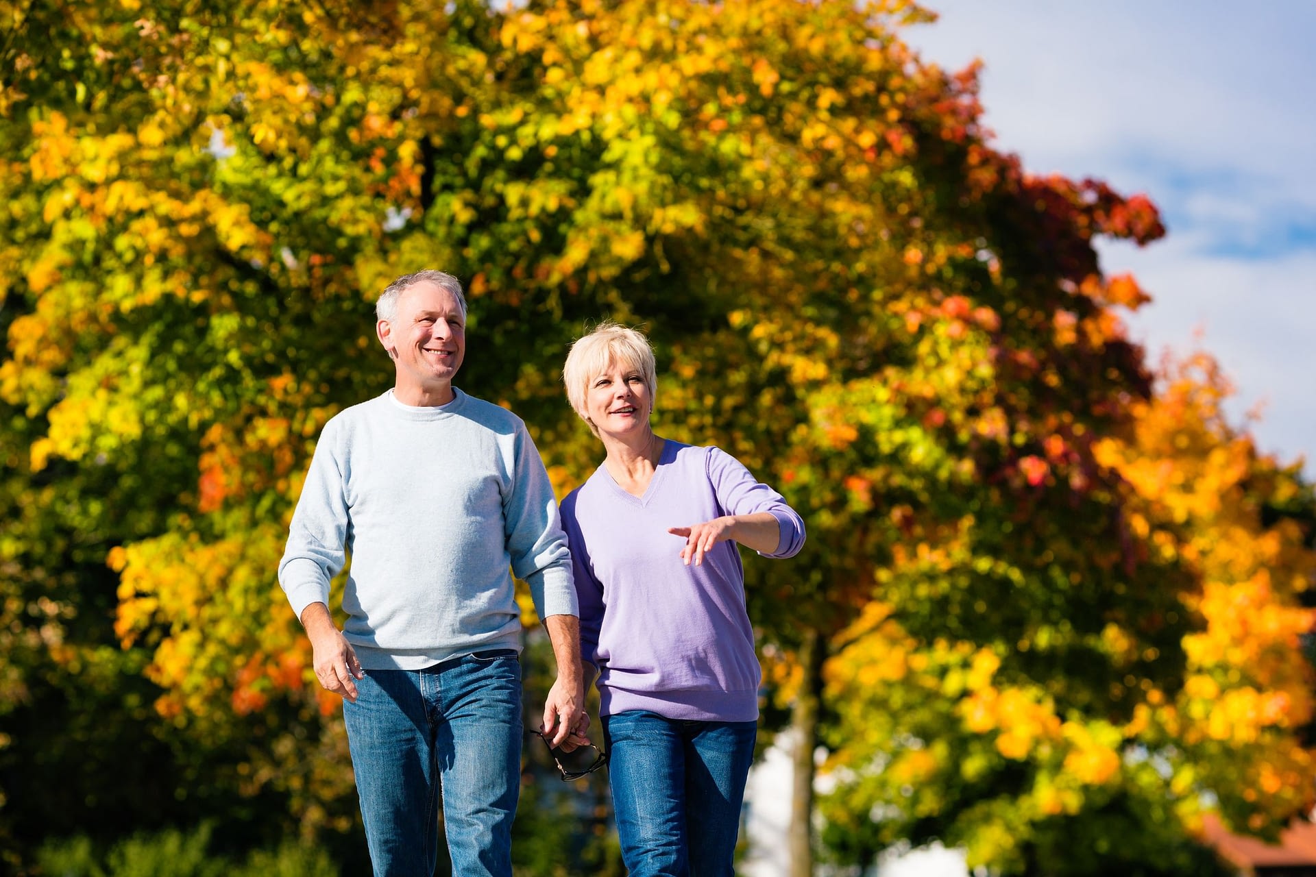 Man And Woman Senior Couple Having A Walk In Autumn Or Fall Outdoors